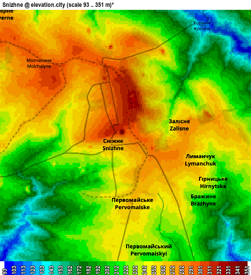 Zoom OUT 2x Snizhne, Ukraine elevation map