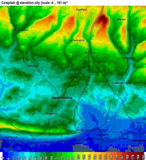 Zoom OUT 2x Cowplain, United Kingdom elevation map