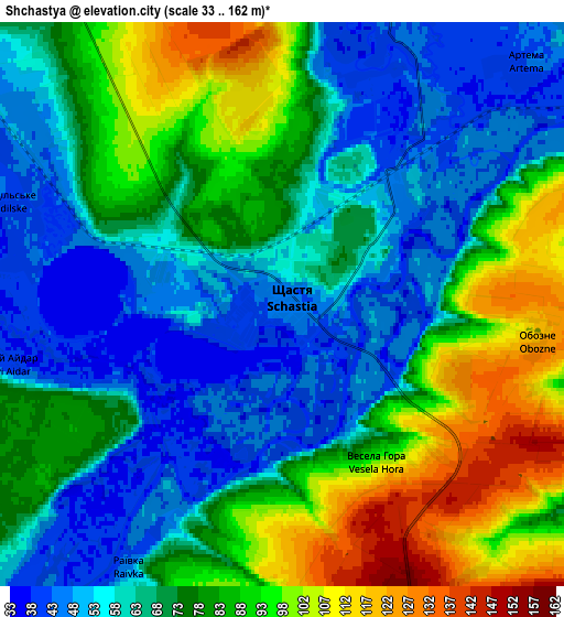 Zoom OUT 2x Shchastya, Ukraine elevation map