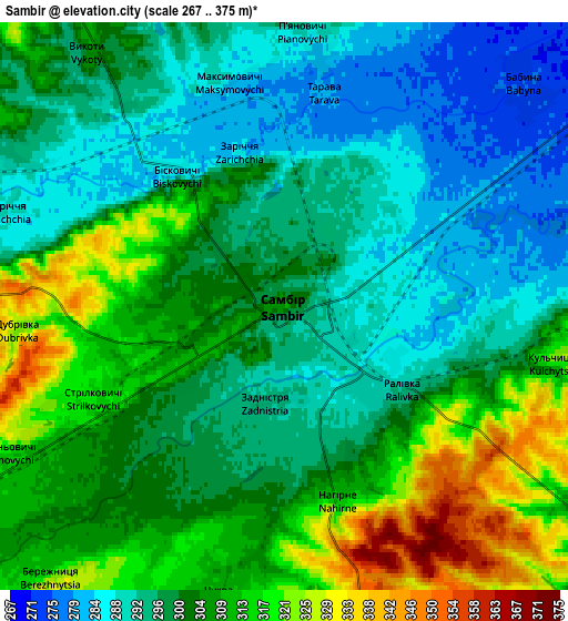 Zoom OUT 2x Sambir, Ukraine elevation map