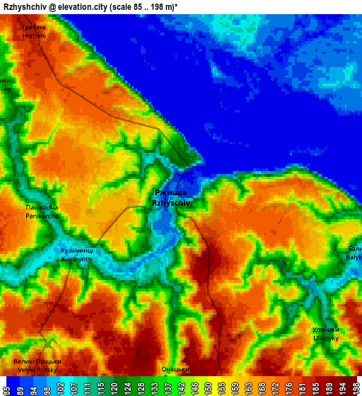 Zoom OUT 2x Rzhyshchiv, Ukraine elevation map