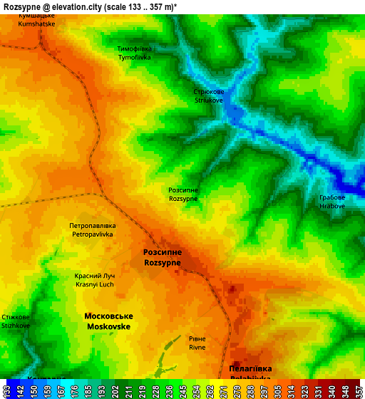 Zoom OUT 2x Rozsypne, Ukraine elevation map