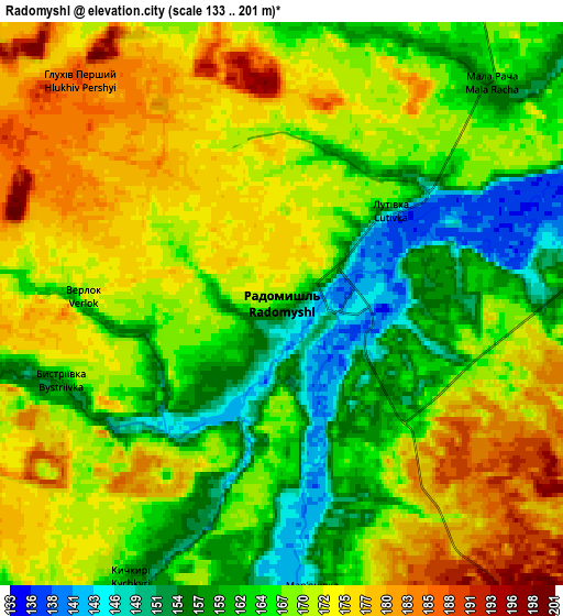 Zoom OUT 2x Radomyshl, Ukraine elevation map