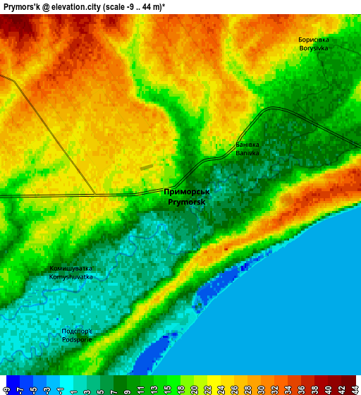 Zoom OUT 2x Prymors’k, Ukraine elevation map