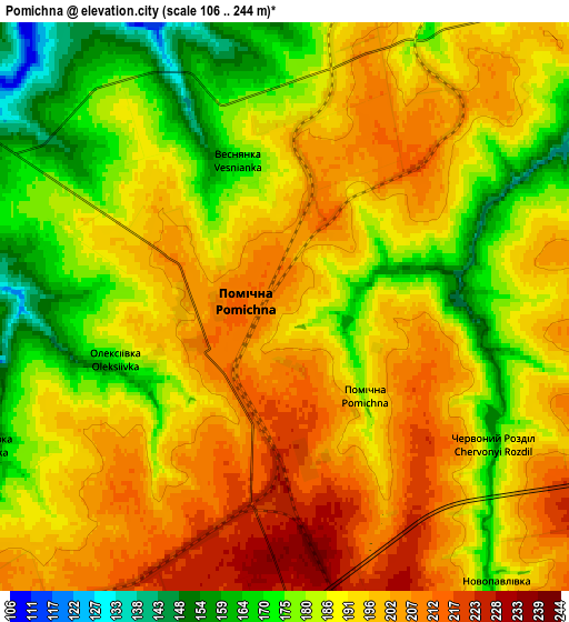 Zoom OUT 2x Pomichna, Ukraine elevation map