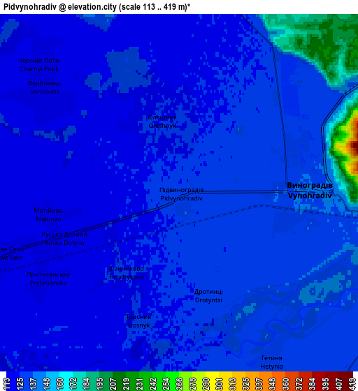 Zoom OUT 2x Pidvynohradiv, Ukraine elevation map