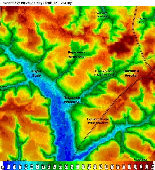 Zoom OUT 2x Pivdenne, Ukraine elevation map