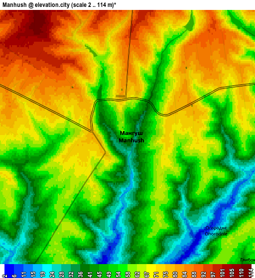 Zoom OUT 2x Manhush, Ukraine elevation map