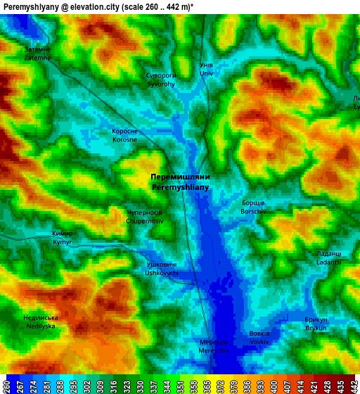 Zoom OUT 2x Peremyshlyany, Ukraine elevation map