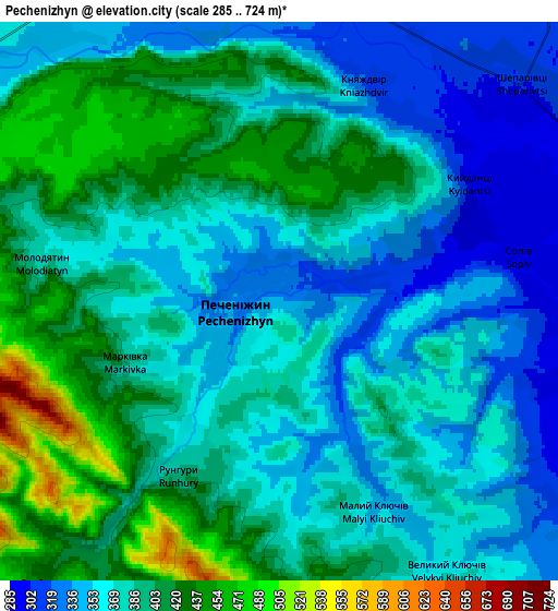 Zoom OUT 2x Pechenizhyn, Ukraine elevation map