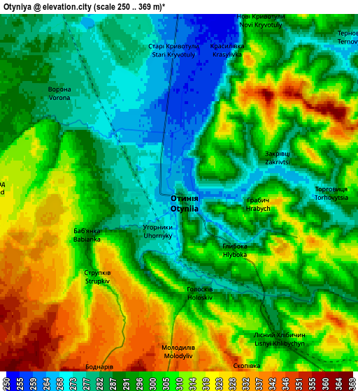 Zoom OUT 2x Otyniya, Ukraine elevation map