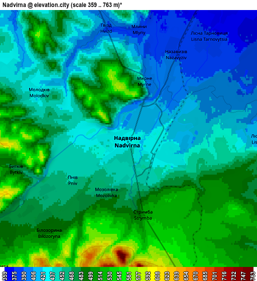 Zoom OUT 2x Nadvirna, Ukraine elevation map