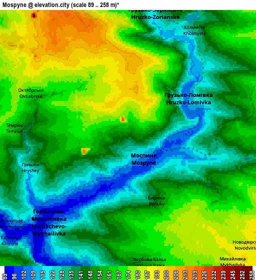 Zoom OUT 2x Mospyne, Ukraine elevation map