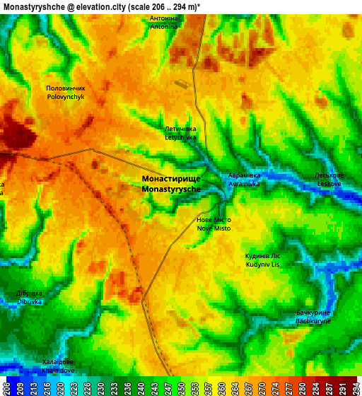 Zoom OUT 2x Monastyryshche, Ukraine elevation map