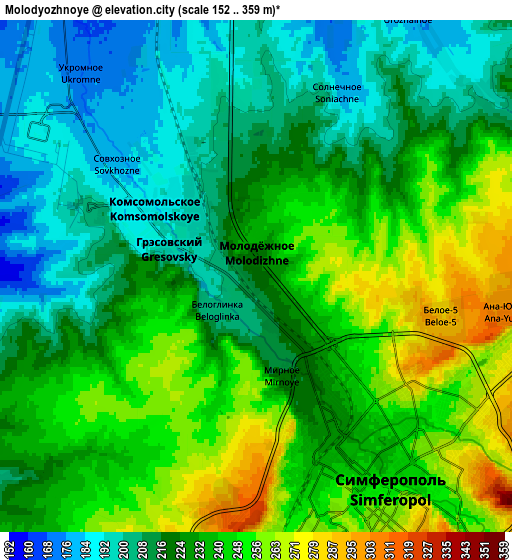 Zoom OUT 2x Molodyozhnoye, Ukraine elevation map