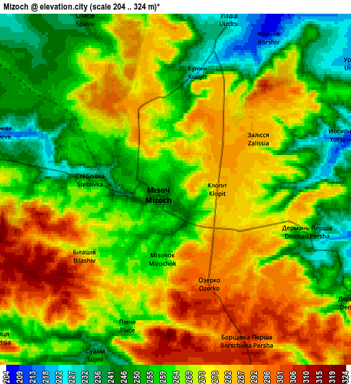 Zoom OUT 2x Mizoch, Ukraine elevation map