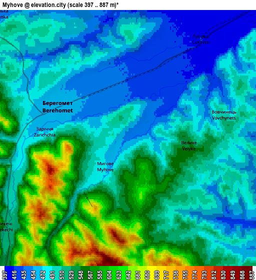 Zoom OUT 2x Myhove, Ukraine elevation map