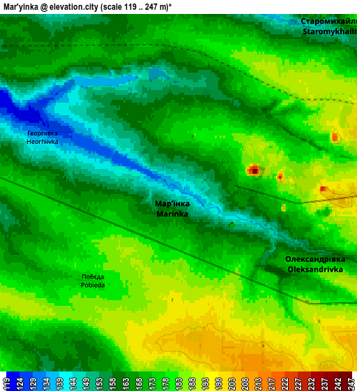 Zoom OUT 2x Mar'yinka, Ukraine elevation map