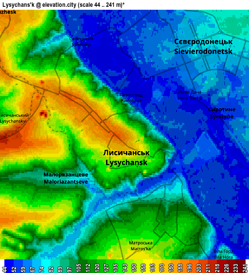 Zoom OUT 2x Lysychans’k, Ukraine elevation map