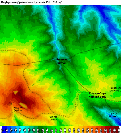 Zoom OUT 2x Kuybysheve, Ukraine elevation map