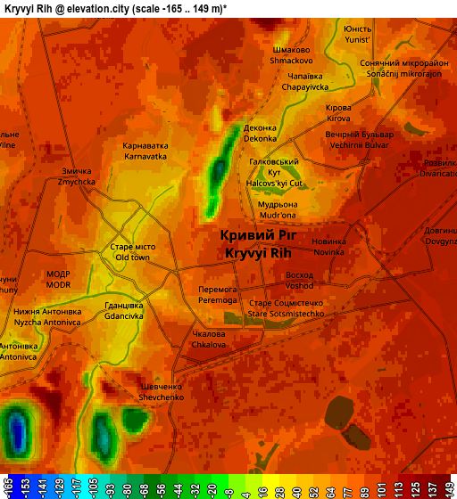 Zoom OUT 2x Kryvyi Rih, Ukraine elevation map