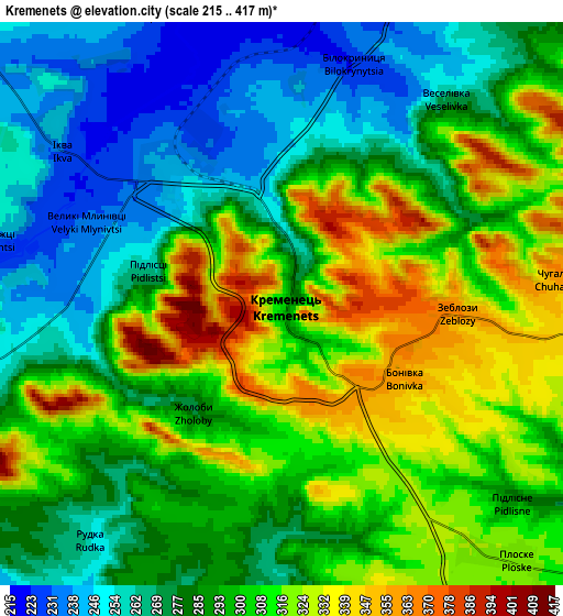 Zoom OUT 2x Kremenets, Ukraine elevation map