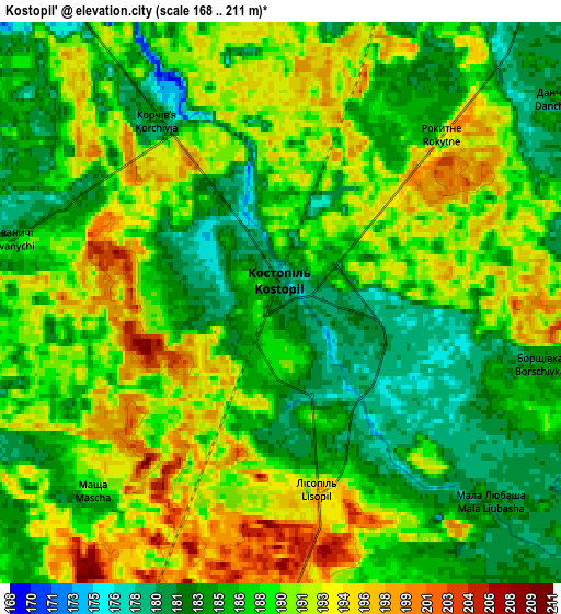 Zoom OUT 2x Kostopil’, Ukraine elevation map