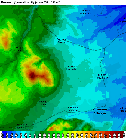 Zoom OUT 2x Kosmach, Ukraine elevation map