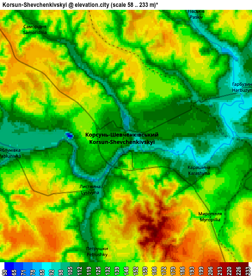 Zoom OUT 2x Korsun-Shevchenkivskyi, Ukraine elevation map