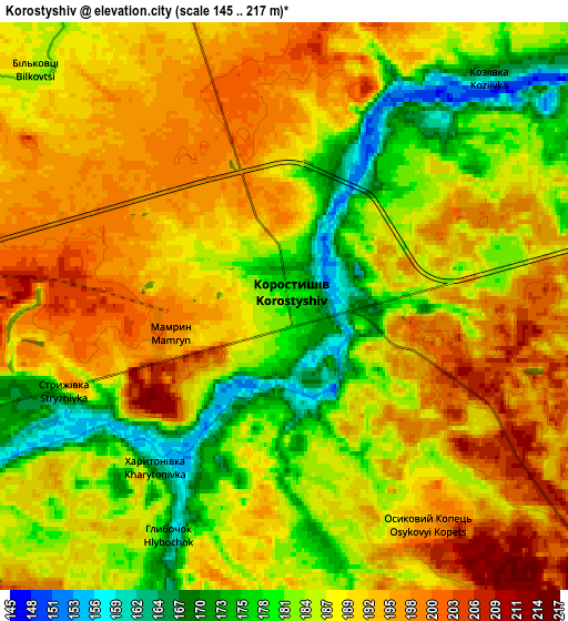 Zoom OUT 2x Korostyshiv, Ukraine elevation map