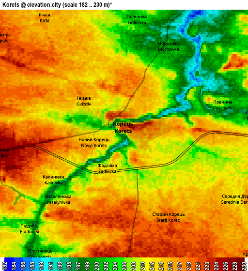 Zoom OUT 2x Korets, Ukraine elevation map