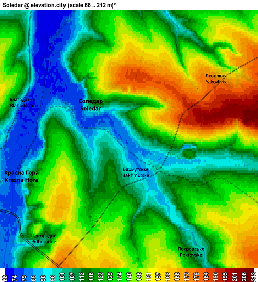 Zoom OUT 2x Soledar, Ukraine elevation map