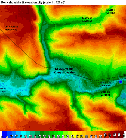 Zoom OUT 2x Komyshuvakha, Ukraine elevation map