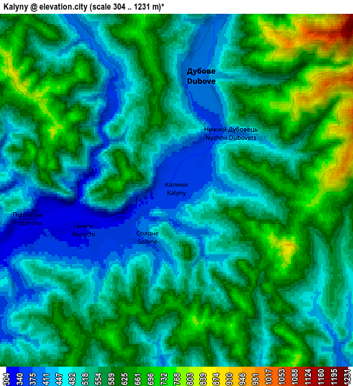 Zoom OUT 2x Kalyny, Ukraine elevation map