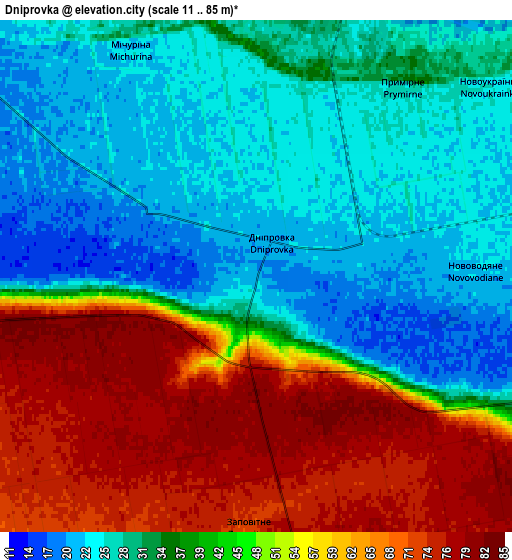 Zoom OUT 2x Dniprovka, Ukraine elevation map