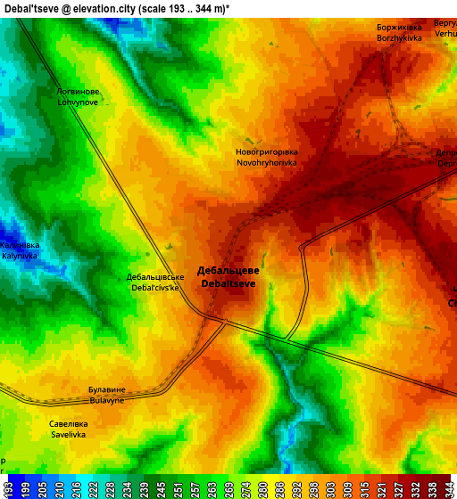 Zoom OUT 2x Debal’tseve, Ukraine elevation map