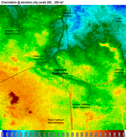 Zoom OUT 2x Cherniakhiv, Ukraine elevation map