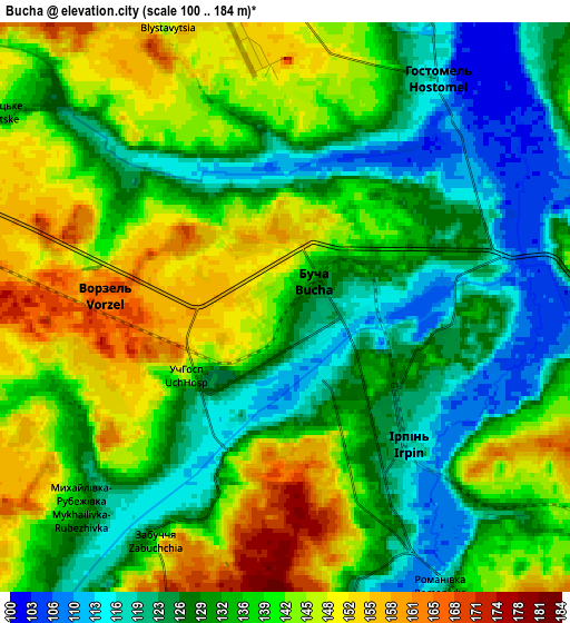 Zoom OUT 2x Bucha, Ukraine elevation map