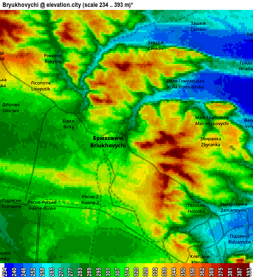 Zoom OUT 2x Bryukhovychi, Ukraine elevation map