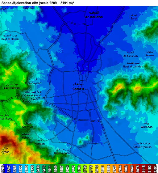 Zoom OUT 2x Sanaa, Yemen elevation map