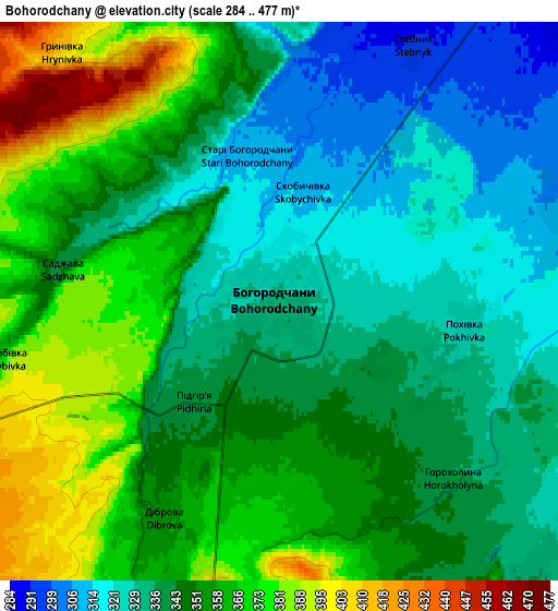 Zoom OUT 2x Bohorodchany, Ukraine elevation map