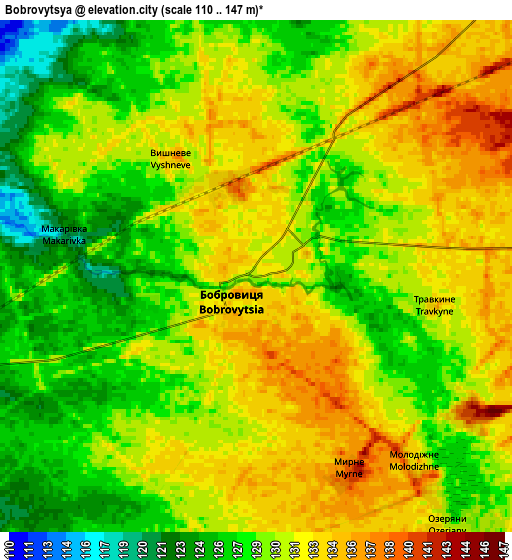 Zoom OUT 2x Bobrovytsya, Ukraine elevation map