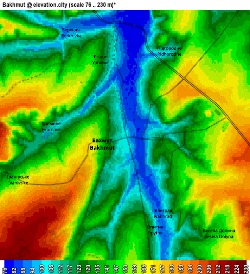 Zoom OUT 2x Bakhmut, Ukraine elevation map