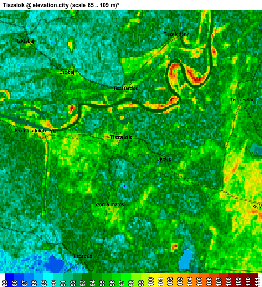 Zoom OUT 2x Tiszalök, Hungary elevation map