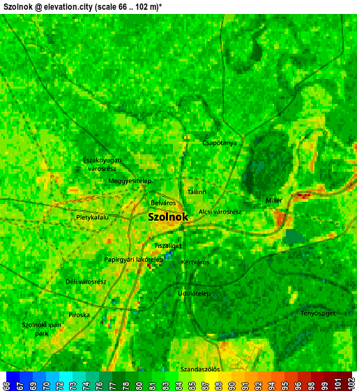 Zoom OUT 2x Szolnok, Hungary elevation map