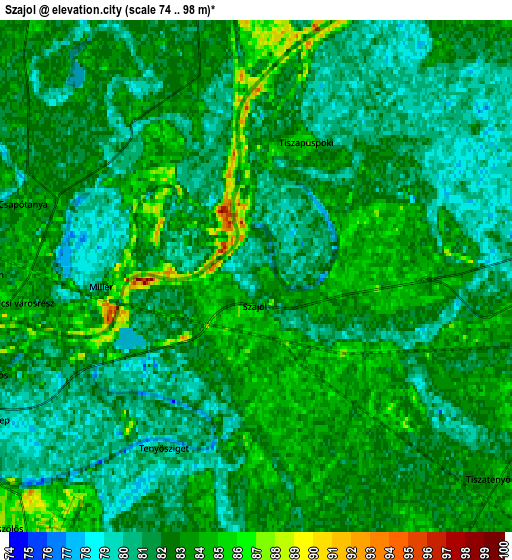Zoom OUT 2x Szajol, Hungary elevation map