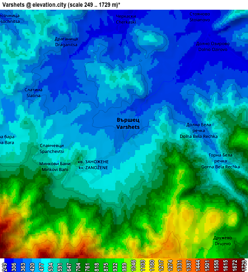 Zoom OUT 2x Varshets, Bulgaria elevation map