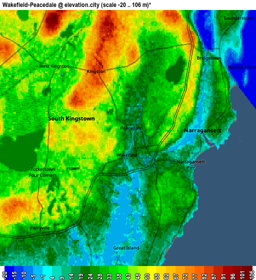 Zoom OUT 2x Wakefield-Peacedale, United States elevation map