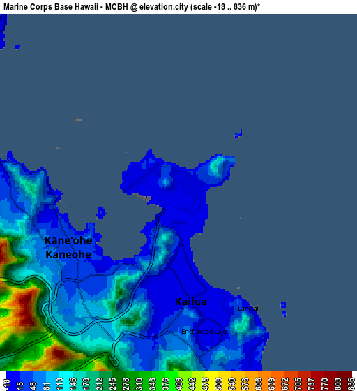 Zoom OUT 2x Marine Corps Base Hawaii - MCBH, United States elevation map