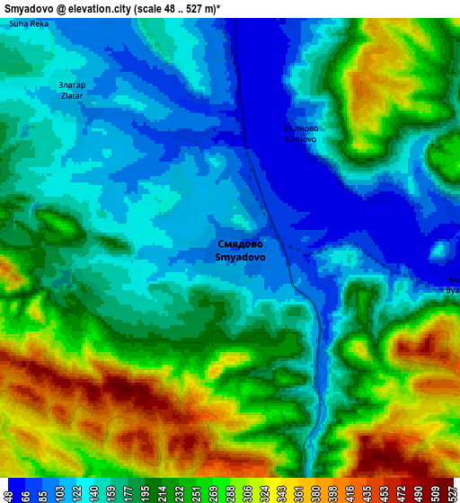 Zoom OUT 2x Smyadovo, Bulgaria elevation map